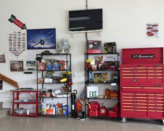 U.S. General rolling tool chest, automotive signs, fuel can, power tools