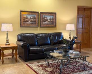 Leather Couch, Glass Coffee Table