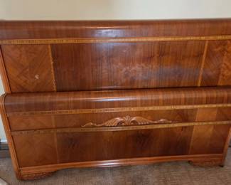 Art Deco. Lovely bed, chest of drawers and dresser with the traditional round mirror. There is a piece of the veneer missing on the dresser. This can be easily fixed.