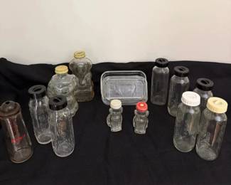 Vintage Evenflo Pyrex Bottles, Grapette Animal Design Jars Etched Cow Butter Dish
