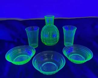 Uranium Glass with 3 Small Bowls, Decanter, and 2 Juice Glasses