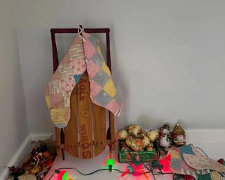Vintage Christmas with Childs Eagle Wings Sleigh, Bubble Lights, Ornaments, and Handmade Stockings