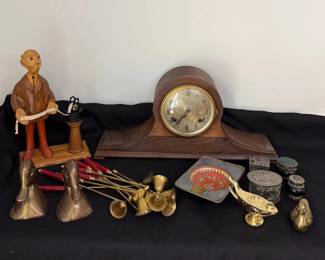 New Haven Clock Co. with AshTray, Lighter Trinkets, Hand Carved Wooden Stockbroker, Brass