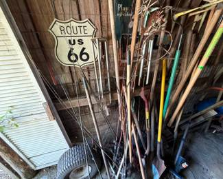 YARD TOOLS, FISHING POLES, TIRE