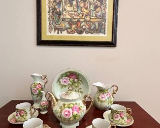 Framed Wall Art "The Wedding" by Jovan Obican (1918-1986), Hand Painted Tea Set:  14 Pc Set