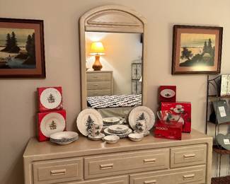 Vintage 1980-1990's Full/Queen Bedroom Set: Bed, Triple-Dresser and Landscape Mirror, 5 Drawer Chest and 2, 2 Drawer Night Stands