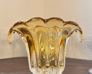vintage Teleflora Murano-style art glass vase.It features a distinctive amber-colored "waterfall" or drip design.The vase has a ribbed base and a flared, ruffled rim.