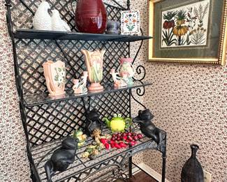 Wrought Iron Baker’s Rack, Hull Vase, Camaro Base & Candle Holders, Floral Hull Vase