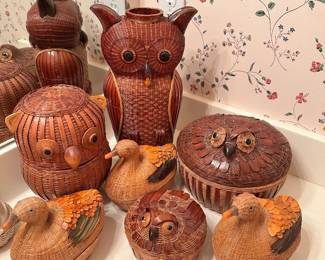 This set includes a Vintage, Double-Sided, Mid-Century, Hand-Woven Wicker/Bamboo Shanghai Handicrafts Owl Vase as well as several other hand-crafted "basket" items