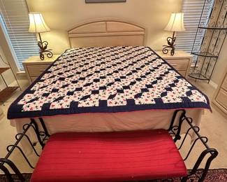 Full/Queen Bed and 2, 2 Drawer Night Stands (Part of Bedroom Set) Wrought Iron Bench, 