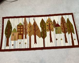 Vintage Mid-Century Polish Tapestry. Handwoven Geometric Flatweave Stylized Leaves and Houses. 37.5 x 84 "Village & Trees" With Original Tag