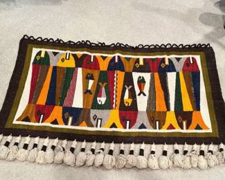 Handwoven Tapestry, Navaho Yeo Pictorial Rug with Stylized Fish Figures & Large Fringed Tassels. AKA "Yeibichai Rugs" Inspired by Sand Art. 32 x 50 with Original Tag