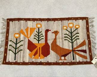 Vintage, Polish Kilim Tapestry likely designed by Jolanta Owidzka. Mid-Century "Tree of Life with Birds" 26 x 52 Has Original Tag
