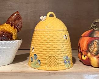 Portuguese “Hen on the Nest”, Kate William’s: Beehive cookie jar, Pumpkin Soup Tureen or Cookie Jar