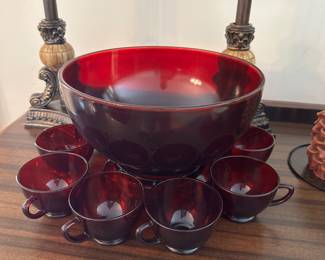 Ruby Glass punch bowl and cups