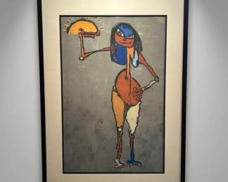 Lot #16 Outsider Folk Art Figurative Mixed Media Painting Framed Abstract Figure Sun