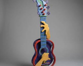 Lot #25 Folk Art Wood Guitar Wall Sculpture Signed Matt Reidy Painted Whimsical Music Decor