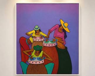 Lot #14 Large Acrylic Canvas Painting Three Women Mortar Pestle Bold Color Folk Art 36x48