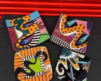 Lot #40 MDS 94 Set of 4 Funky Abstract Art Pottery Square Plates Bold Multicolor Pop Art