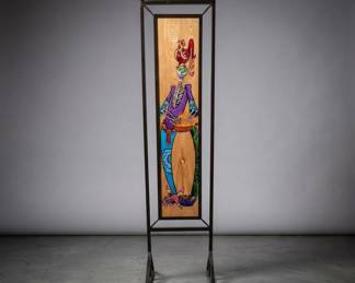Lot #18 Day of the Dead Skeleton Wood Panel Painting Folk Art Dia de Muertos Iron Stand