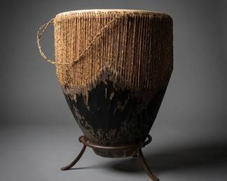 Lot #22 Large African Djembe Drum Wood Rawhide Head Rope Tension w Metal Stand