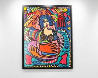 Lot #4 PAG 1998 Folk Art Figurative Woman Mixed Media Painting Framed Cubist Colorful