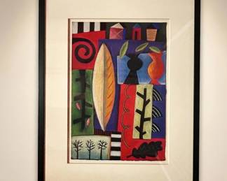 Lot #12 Original Abstract Cubist Pastel Painting Framed Folk Art Still Life Colorful