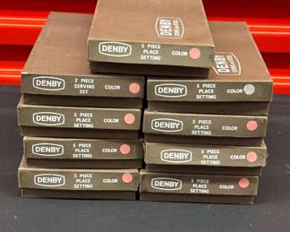 Lot #33 Denby Stone and Steel Flatware Place Settings 10 Boxes Pink Stoneware Handle