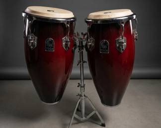 Lot #20 Toca Conga Drum Set Pair Dark Red Gloss Finish Natural Heads with Double Stand