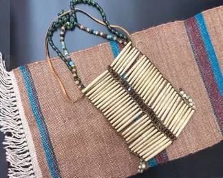 Lot #30 Native American Bone Hair Pipe Breastplate Beaded Leather Necklace Woven Blanket