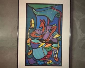 Lot #11 Signed Jazz Drummer Abstract Cubist Art Print Framed 2009 Music Wall Art