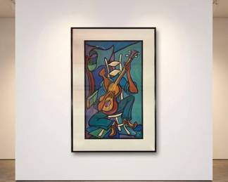 Lot #13 Signed Cubist Jazz Guitarist Pastel Painting Framed Wall Art 2003 Music