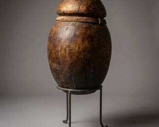 Lot #21 Antique African Tribal Wooden Vessel Lidded Jar Woven Collar Iron Stand Ethnic