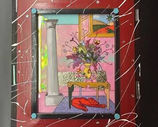 Lot #7 Signed Mixed Media Painting Interior Still Life Gold Foil Embellished Framed Art