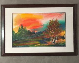 Lot #15 Original Watercolor Painting Autumn Mountain Landscape Sunset Framed Wall Art