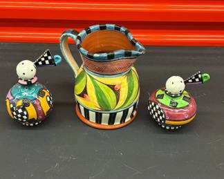 Lot #38 Whimsical Hand-Painted Ceramic Pitcher & 2 Lidded Jars Funky Art Pottery 3pc