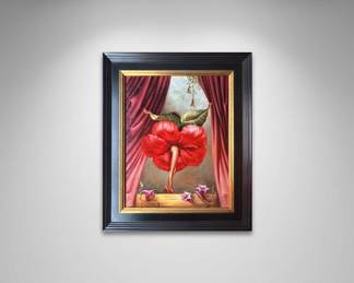 Lot #6 Surrealist Oil on Canvas Flower Woman Stage Painting Black Gold Frame 20x24