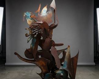 Lot #26 Large Abstract Steel Metal Cut Sculpture Rustic Patina Indoor Outdoor Art 4ft