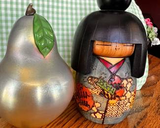 Signed O&F Paperweight & Kokeshi doll