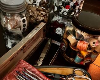 Button Jars, Gingher Scissors / Knitting Needle Sets