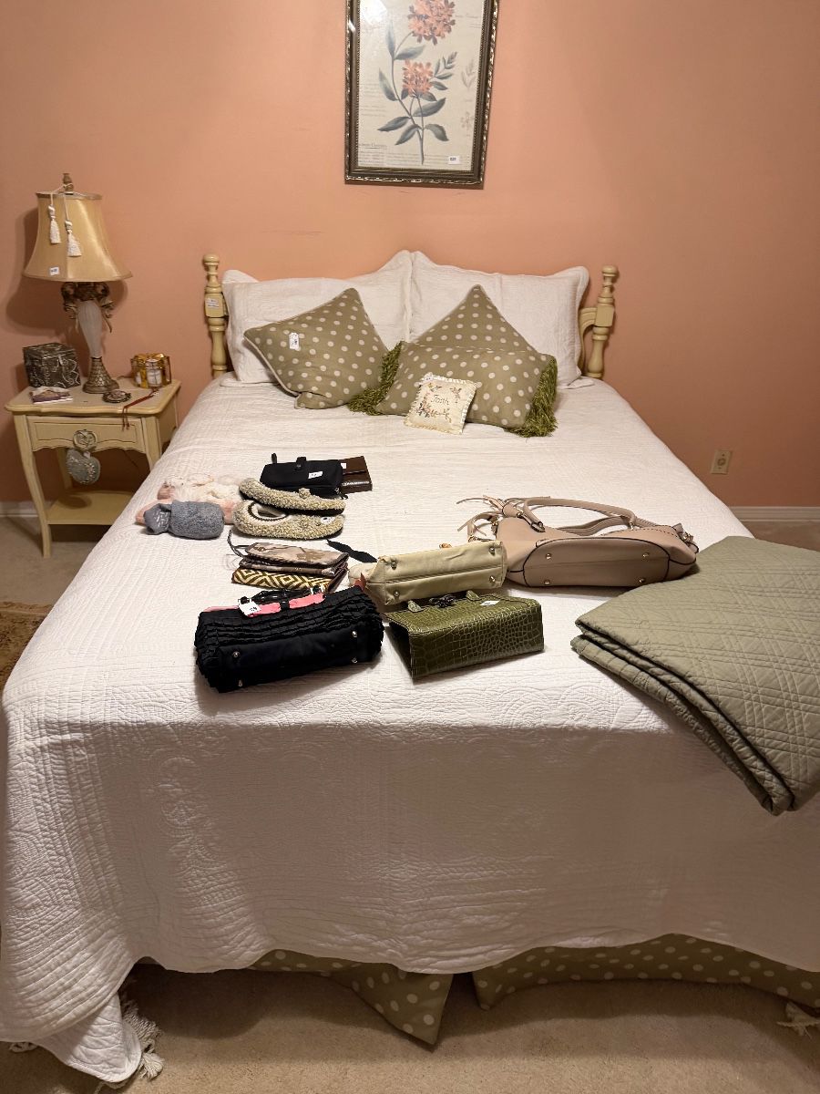 Vintage queen bedroom suite, custom bedding and window treatment, Lamps, Curio cabinet, upholstered chairs, fireplace tools, decor