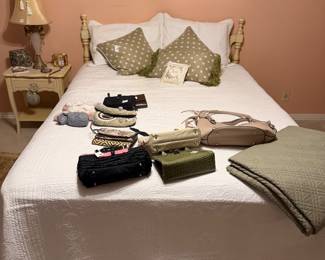 Vintage queen bedroom suite, custom bedding and window treatment, Lamps, Curio cabinet, upholstered chairs, fireplace tools, decor