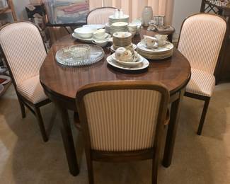 Dining set with 4 chairs, beauiful China and lots of crystal and nice serving dishes