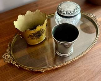 Dore bronze tray, various dresser organizers
