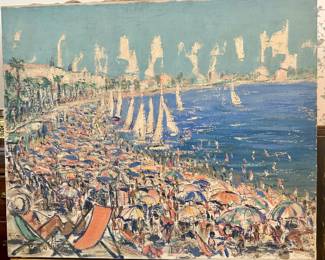 1960’s oil painting of French Riviera; large, unframed