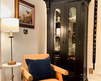RH St James glass front cabinet; black oak; pair (there are 2 of them); RH Belgian linen chair; pair (there are 2 of them); antique books