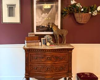 Antique framed architectural etching, Vintage framed photograph, bicycle basket with flora, Theodore Alexander chest of drawers with marble top, books, antique English glove boxes, antique blue and white vase, silver frame, antique French mini frame, vintage large gilt horse