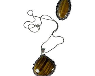 German Silver Tigers Eye Ring and Pendant