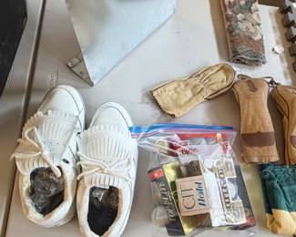 Golf balls, shoes and tees 