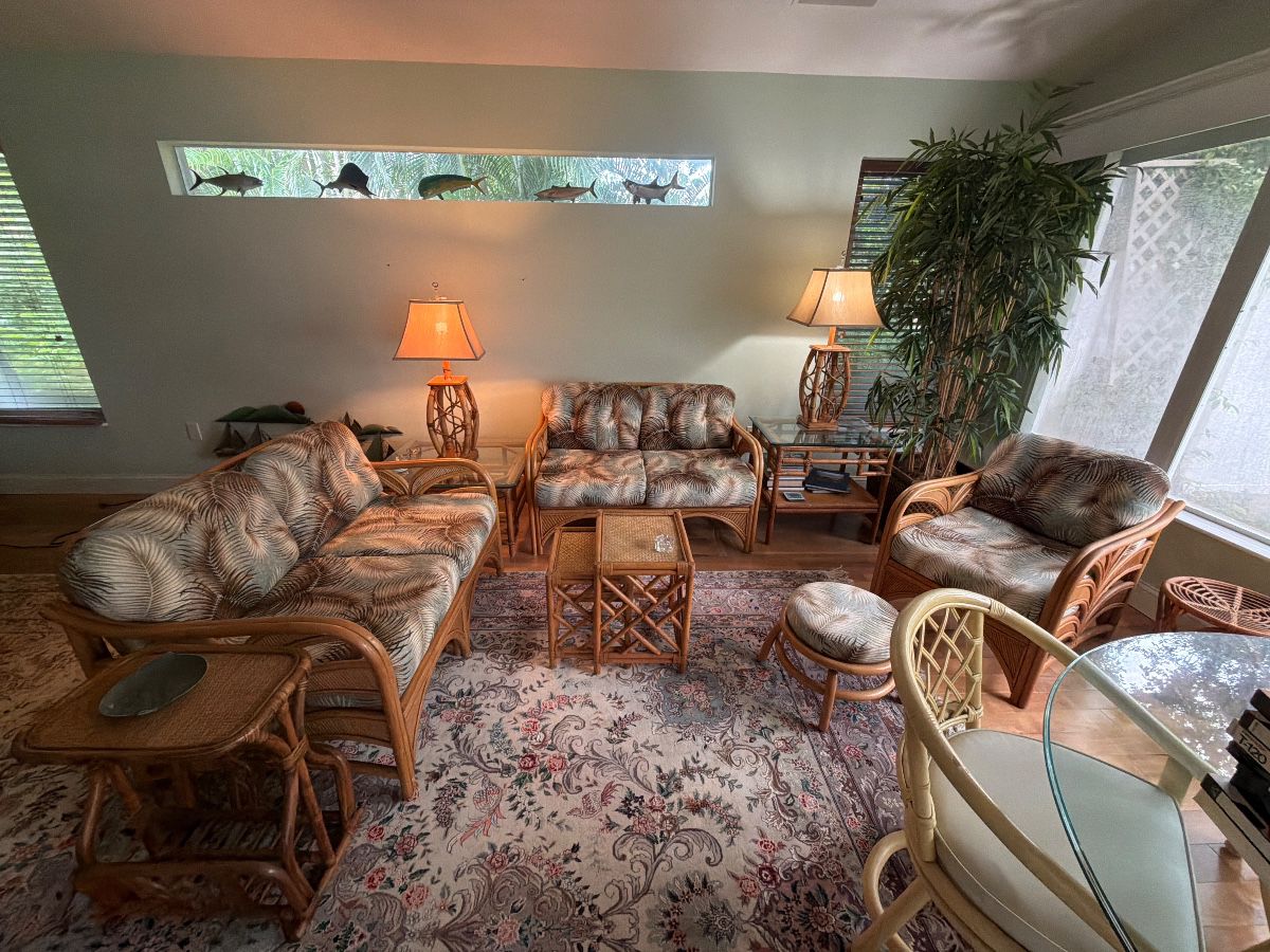 Twin Ratan and uplostered Loved Seats, armchair, nesting table, side tables ratan lamps